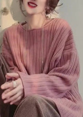 Lässige gemütliche rosa O-Ausschnitt Patchwork gestrickte Tops Frühling